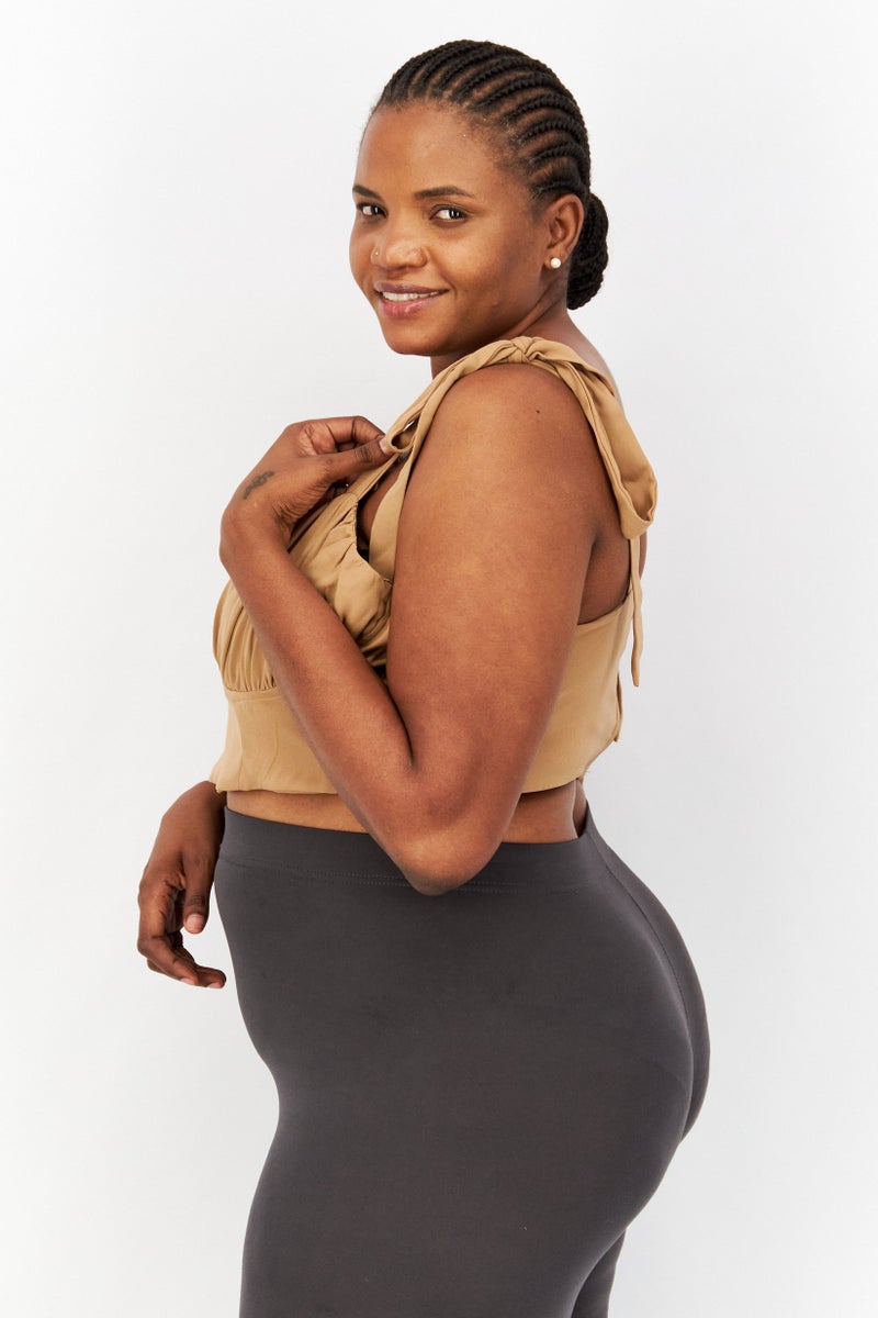 Flounce London Women Plus Size Sweetheart Neckline Sleeveless Crop Top, Tan - Image 4